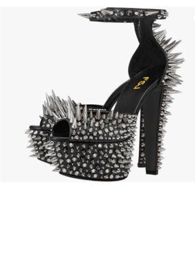 FSJ Black Spiked High Heel Sandals with Studded Ankle Strap Peep Toe Shoes
